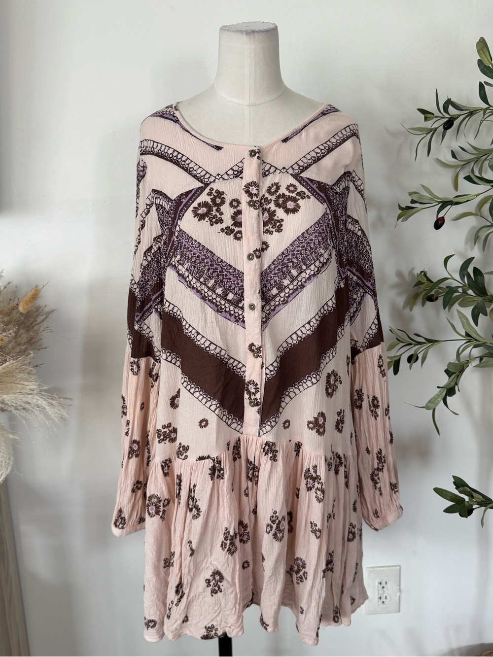 Free People Pink Brown Floral Boho Tunic Mini Dress Size M Oversized